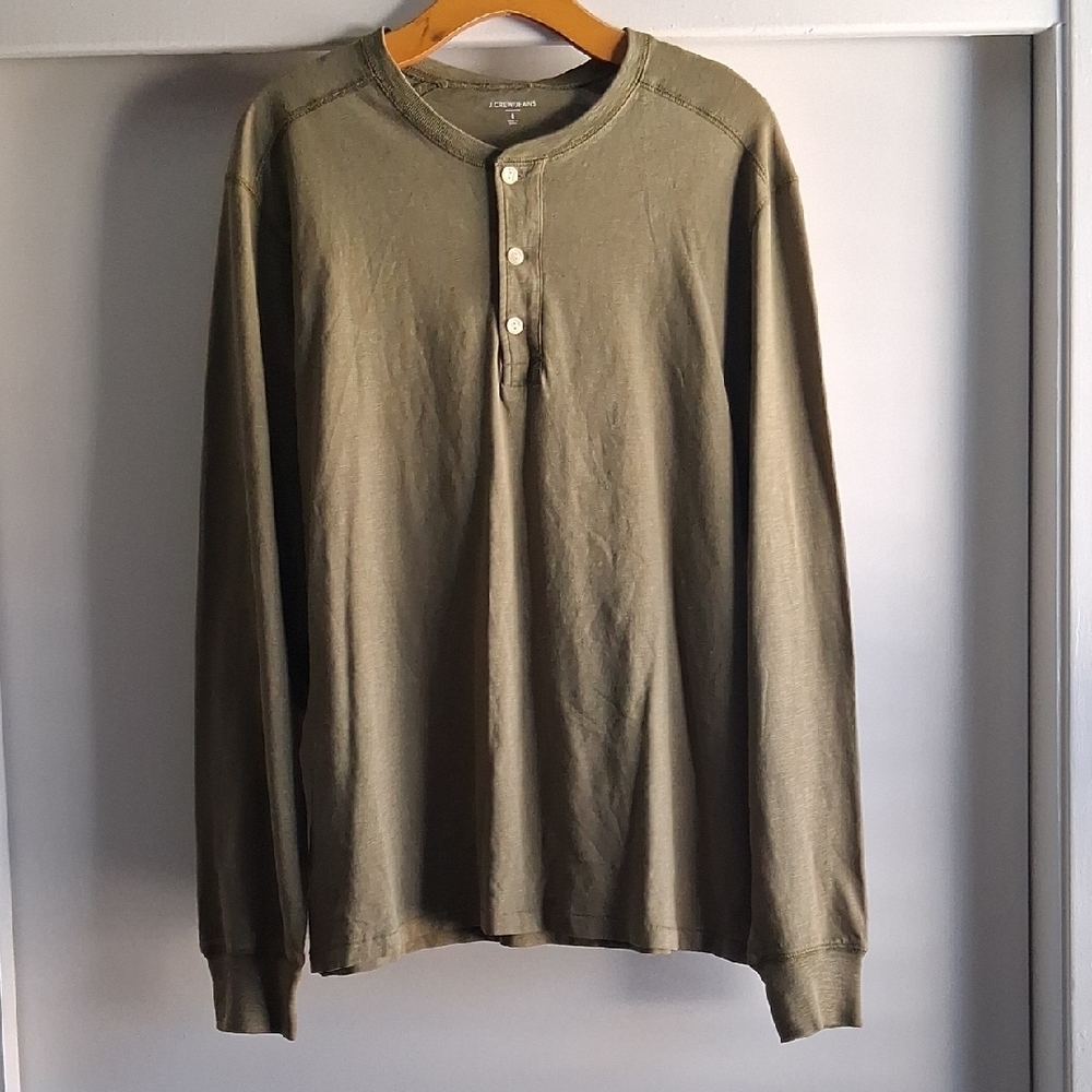 J.Crew Jeans Mens Green Cotton Henley Longsleeve Shirt L